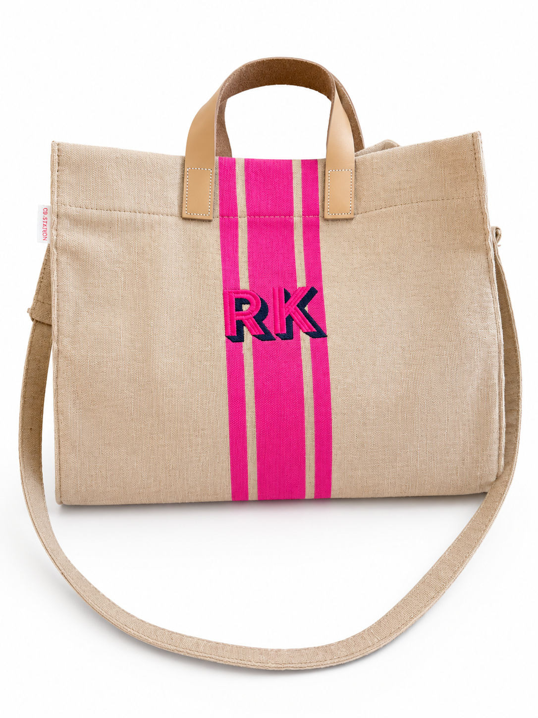 Jute & Leather Stripe Monogram Tote