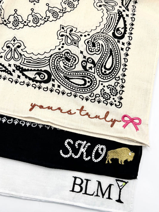 Close-up of a bandana with text and branding on a white background