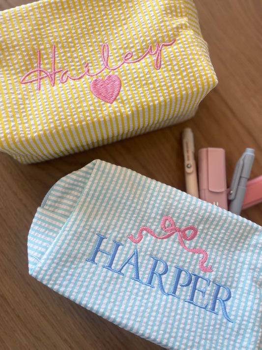 Seersucker Monogrammed Zipper Pouch