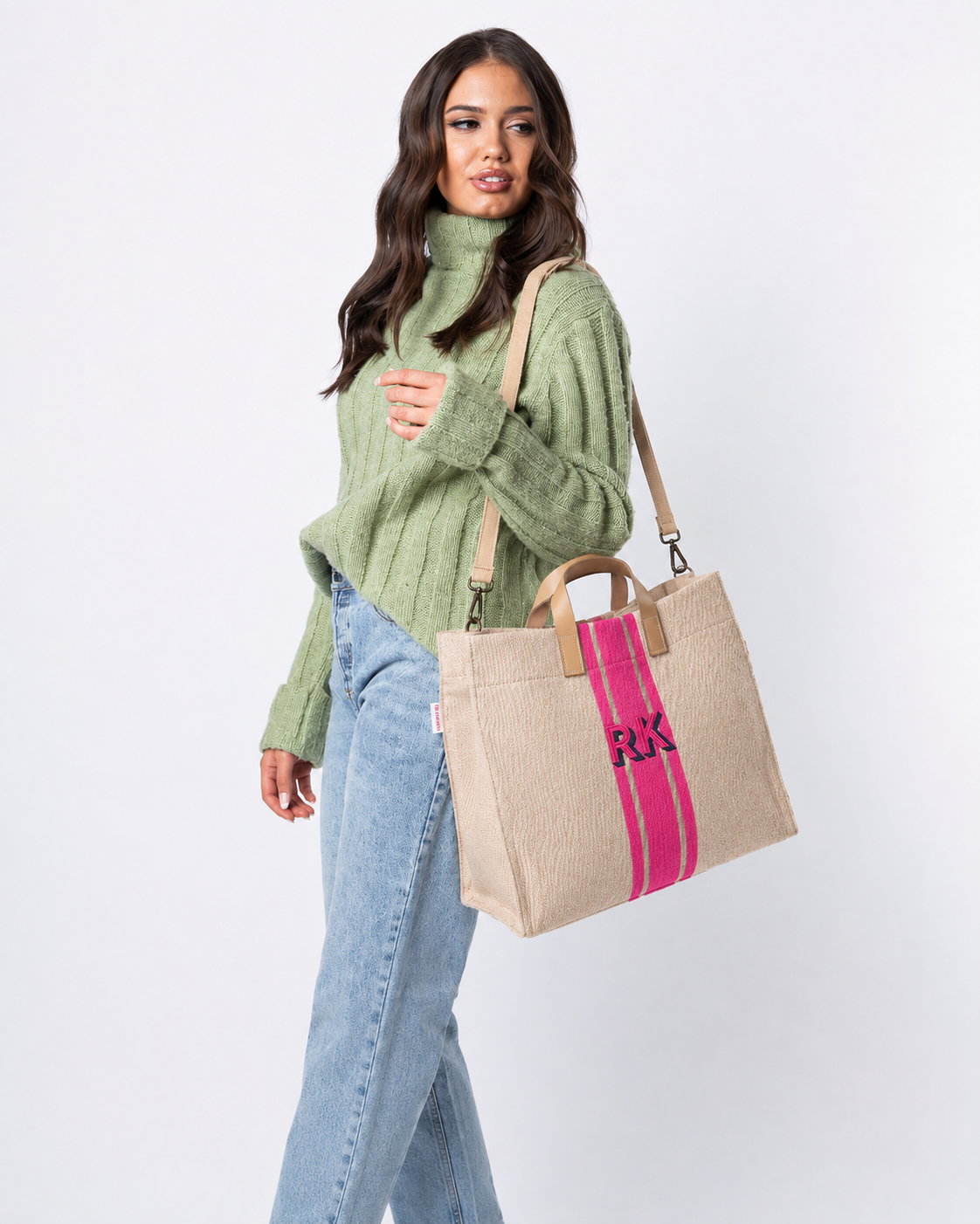 Jute & Leather Stripe Monogram Tote